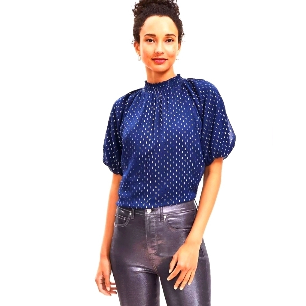NWT | LOFT | Metallic Clip Bubble Sleeve Blouse | Size: Small | Dark Blue